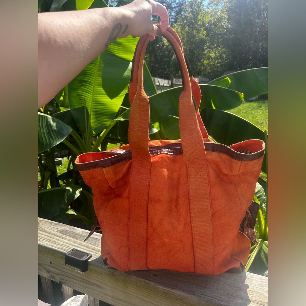 Vtg Pottery Barn Fall Burnt Orange Tote Bag Hippie Unique 14x14x6